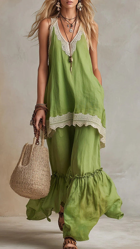 Bohemian-Style Vacation Dress with Lace Straps