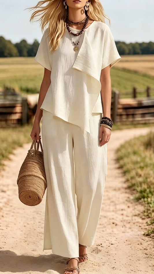 Irregular Short-Sleeve Top &amp; Slit Wide-Leg Pants