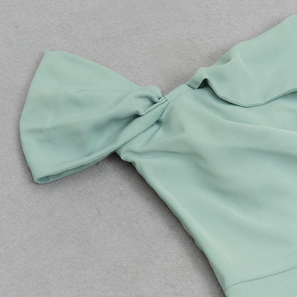 ONE SHOULDER RUCHED MIDI DRESS IN MINT DRESS sis label 