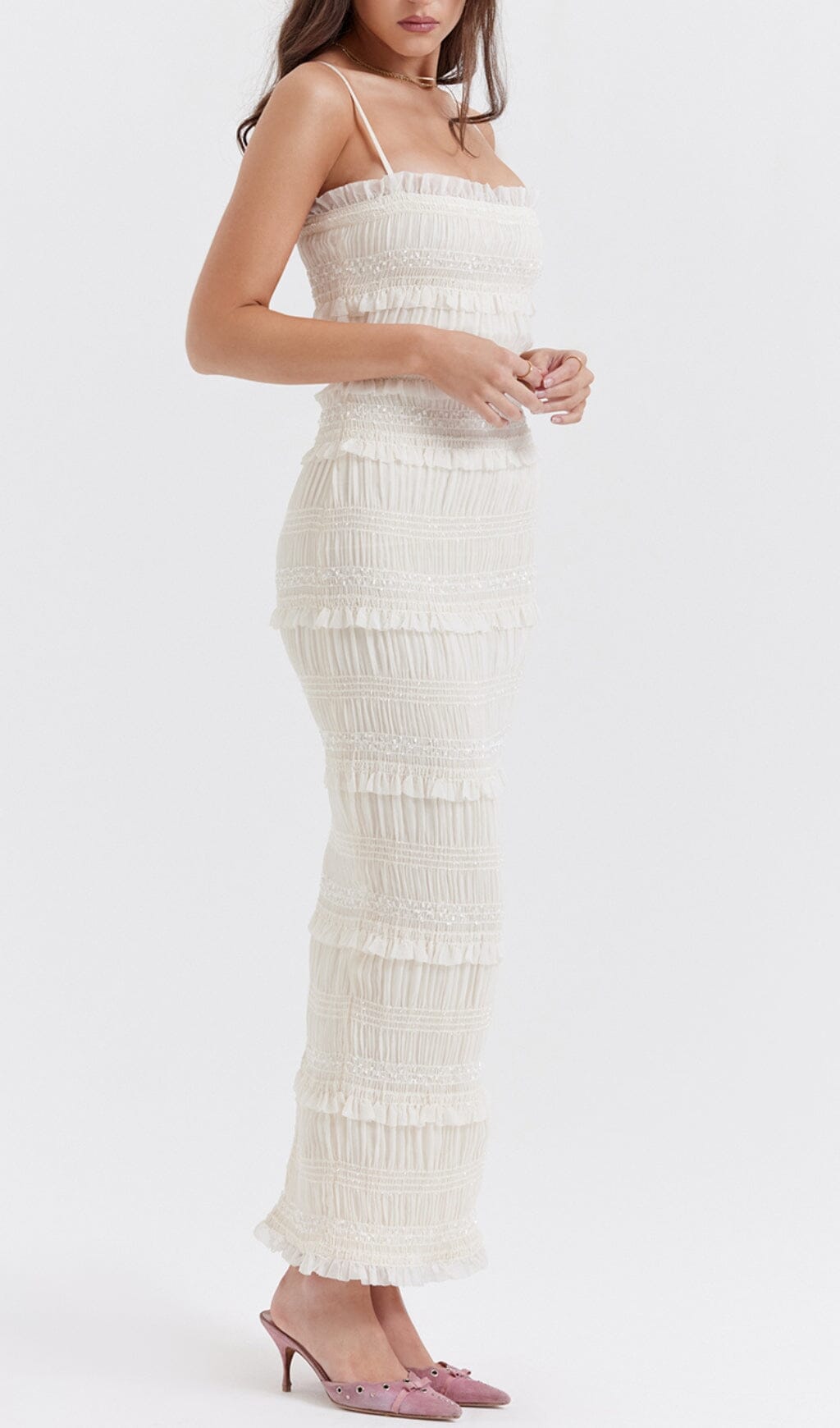 IVORY SEQUIN PLEAT MAXI DRESS styleofcb 