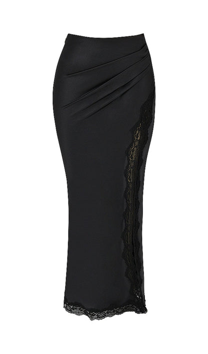 RUBY BLACK SATIN LACE TRIM TWO PIECE MIDI DRESS