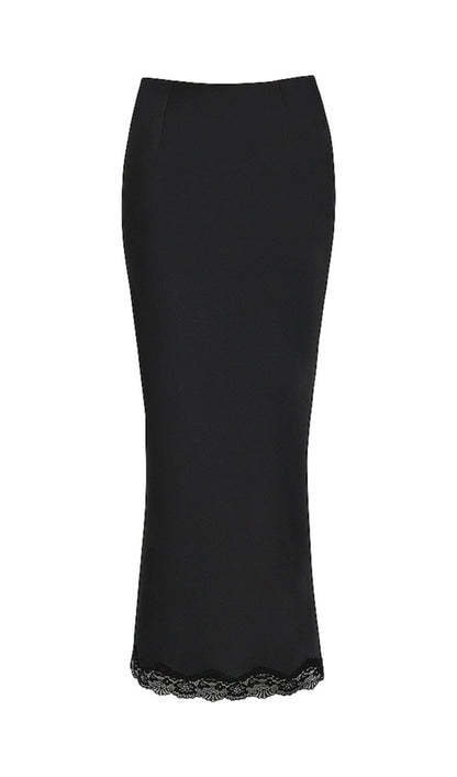 RUBY BLACK SATIN LACE TRIM TWO PIECE MIDI DRESS