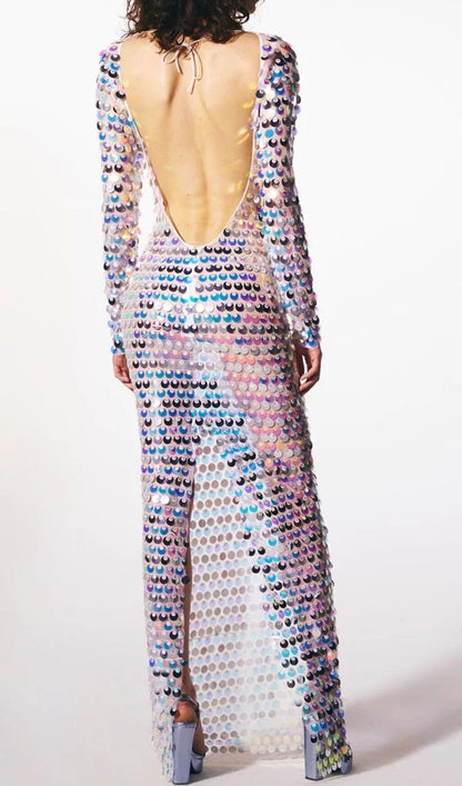 CREWNECK SLIM SEQUIN BACKLESS MAXI DRESS styleofcb 