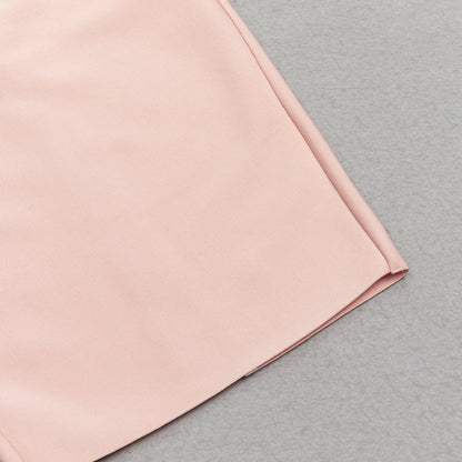 PINK MESH LONG-SLEEVED SLOPE NECK HOLLOW DRESS