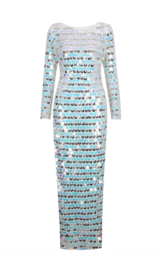 CREWNECK SLIM SEQUIN BACKLESS MAXI DRESS styleofcb 