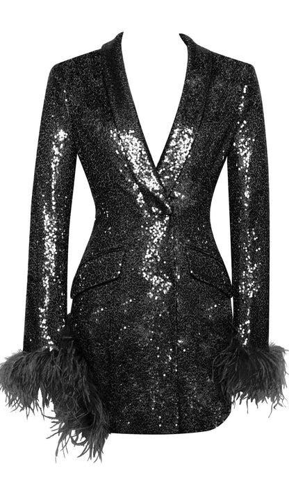 BLACK SEQUIN FEATHER TRIM BLAZER DRESS Dresses styleofcb 