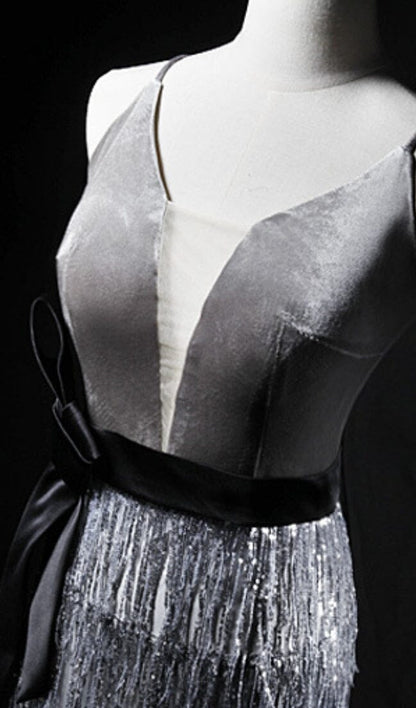 VELVET TASSEL SEXY TIE-DOWN MAXI DRESS IN GREY styleofcb 