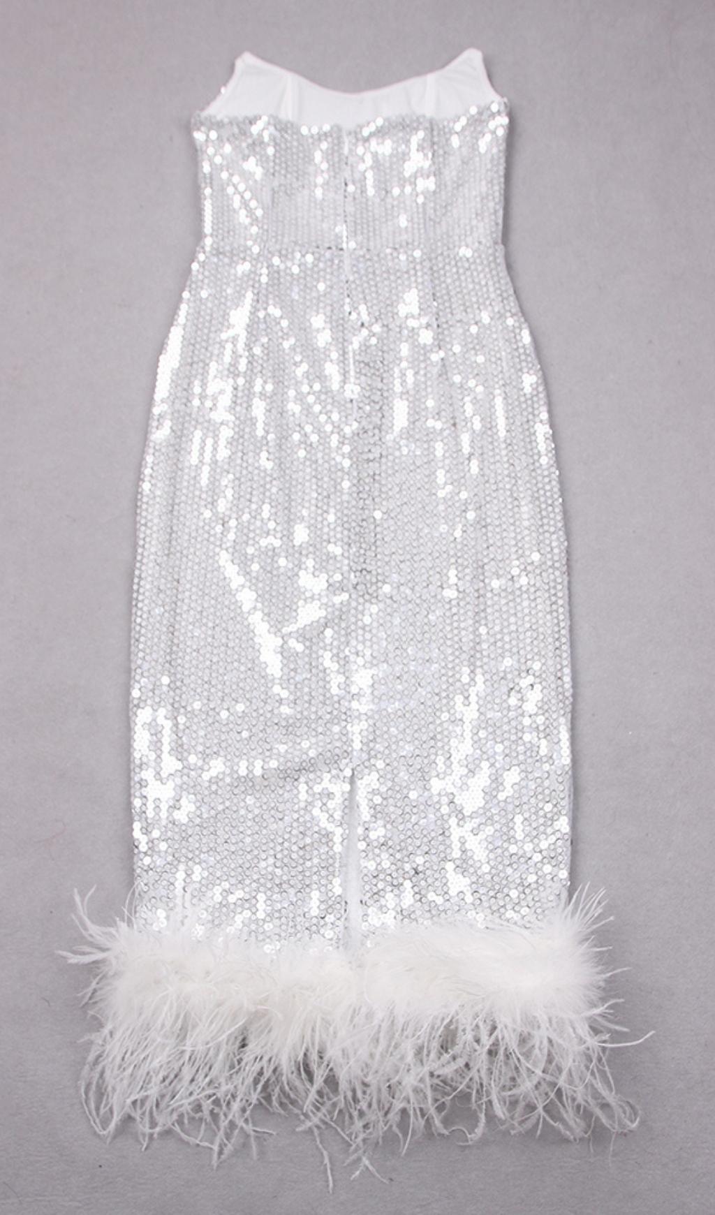 SEQUIN FEATHER MIDI DRESS IN WHITE styleofcb 