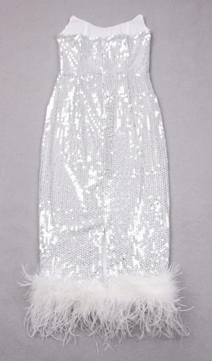 SEQUIN FEATHER MIDI DRESS IN WHITE styleofcb 