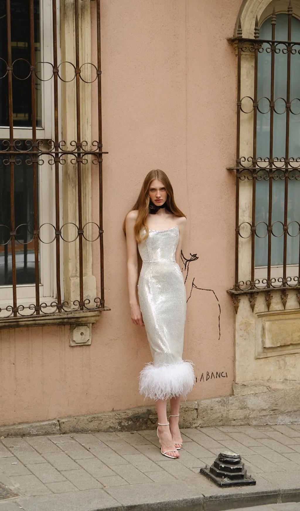 SEQUIN FEATHER MIDI DRESS IN WHITE styleofcb 