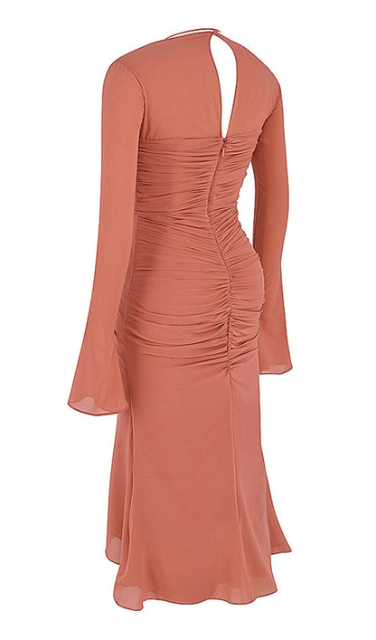 REAL SILK RUFFLE MIDI DRESS IN PINK DREESES styleofcb 