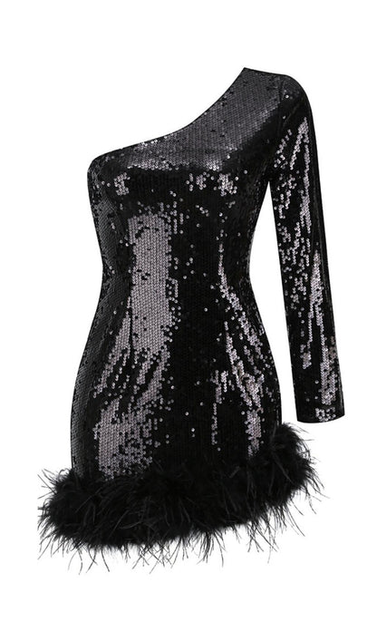 ONE SHOULDER SEQUIN MINI DRESS IN BLACK Dresses styleofcb 