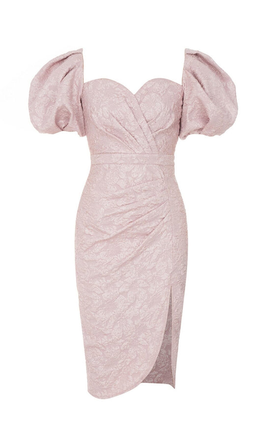 PUFF SLEEVE SPLIT MIDI DRESS IN PINK