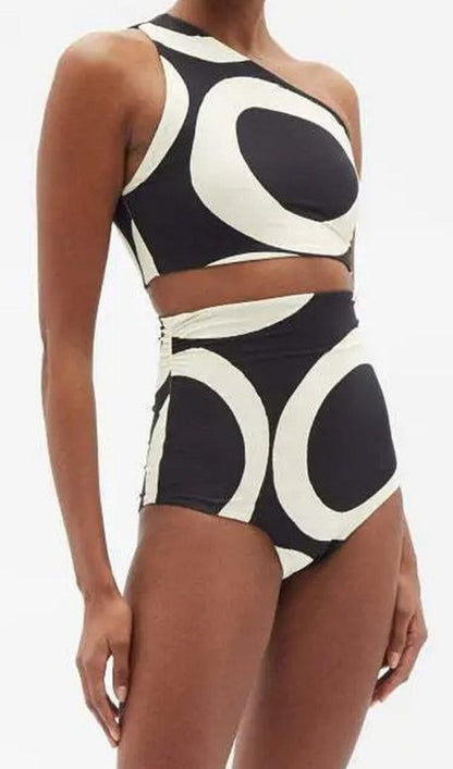 ONE SHOULDER PRINT SPLIT BIKINI SWIMSUIT AND SARONG styleofcb 