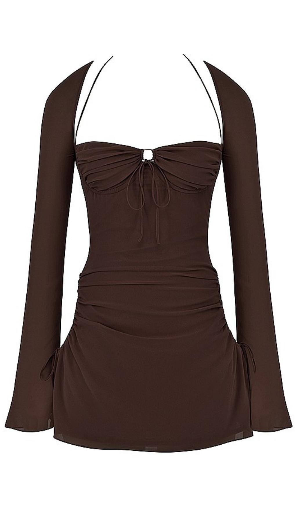LONG SLEEVE HALTER MINI DRESS Dresses styleofcb S CHOCOLATE 