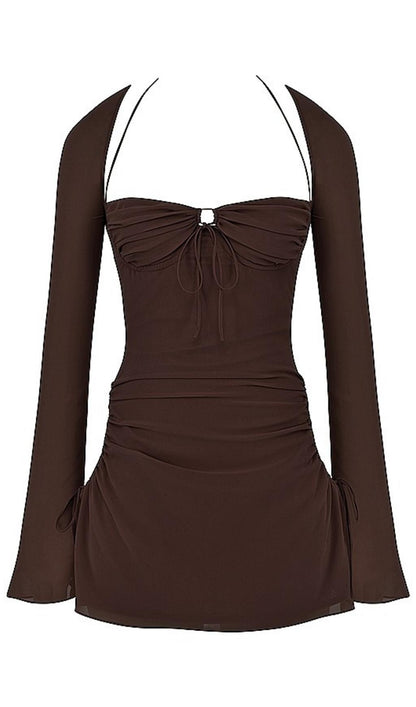 LONG SLEEVE HALTER MINI DRESS Dresses styleofcb S CHOCOLATE 