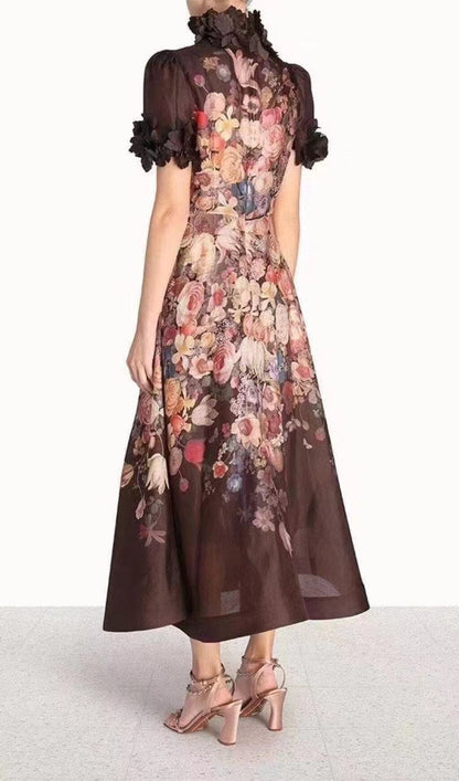 PRINTED FLOWER EMBELLISHED MIDI DRESS