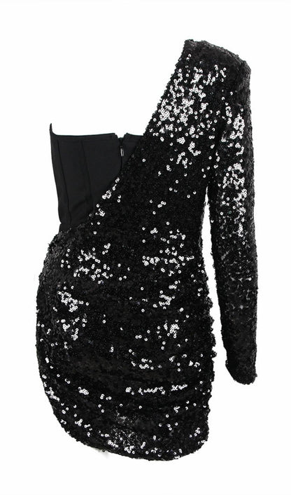 ASYMMETRIC SEQUIN RUCHED MINI DRESS Dresses styleofcb 