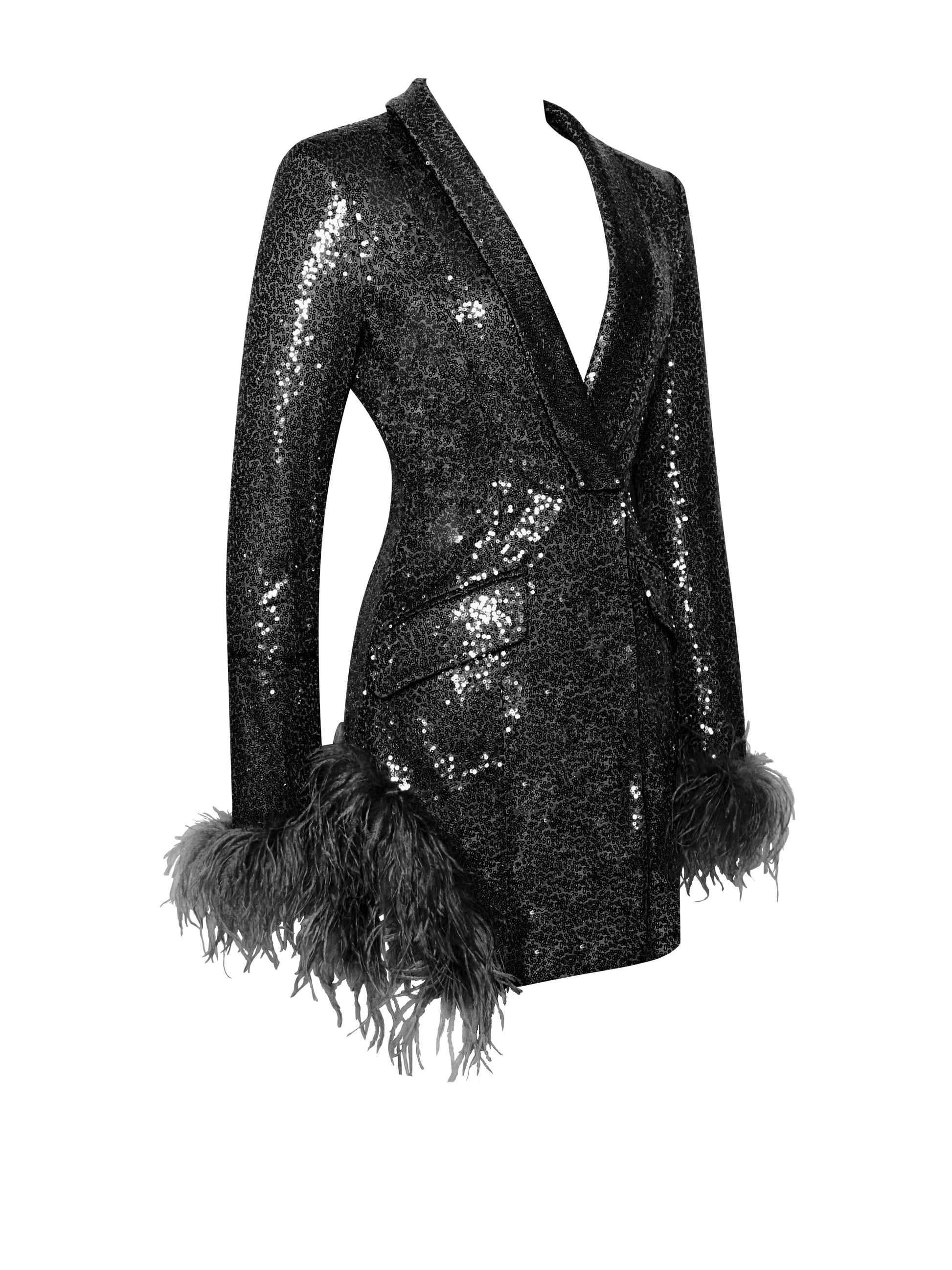 BLACK SEQUIN FEATHER TRIM BLAZER DRESS Dresses styleofcb 