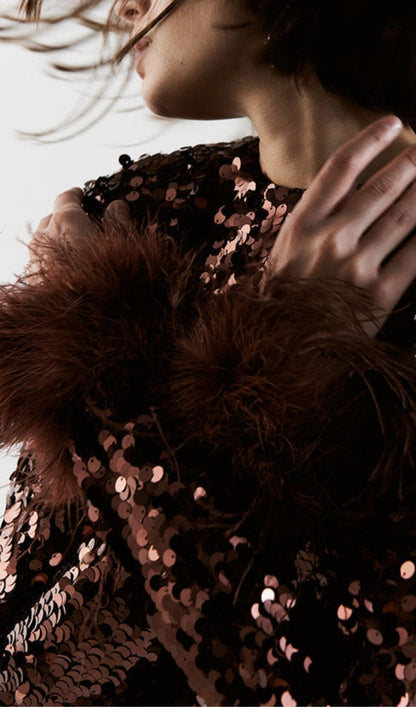 SEQUIN FEATHER LONG SLEEVES MIDI DRESS styleofcb 