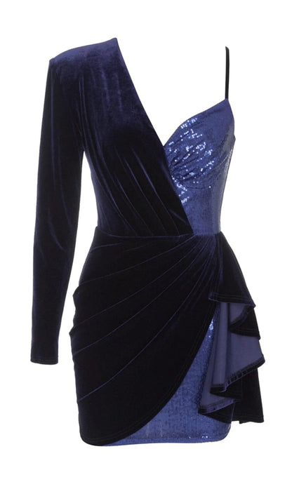 VELVET PLEATED SEQUINED MINI DRESS IN NAVY BLUE Dresses styleofcb 