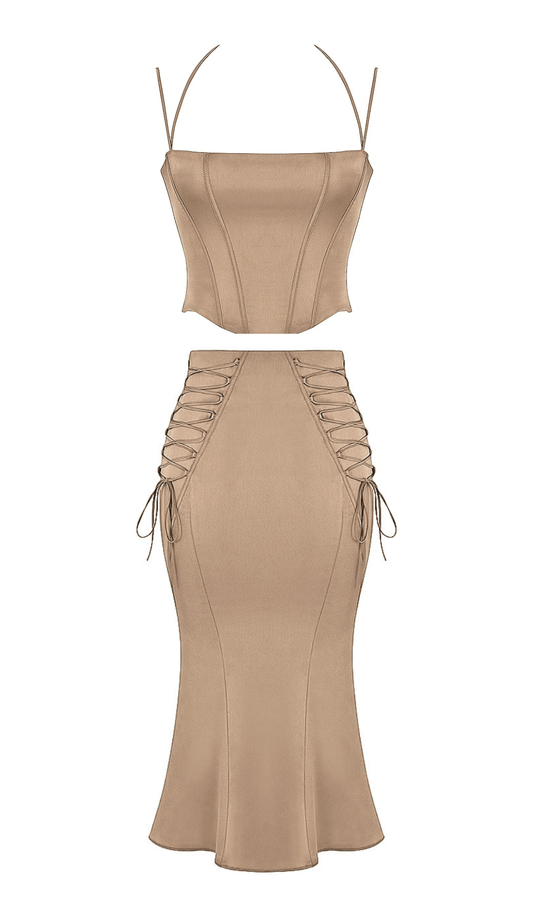 SATIN TWO PIECE MIDI DRESS IN BROWN
