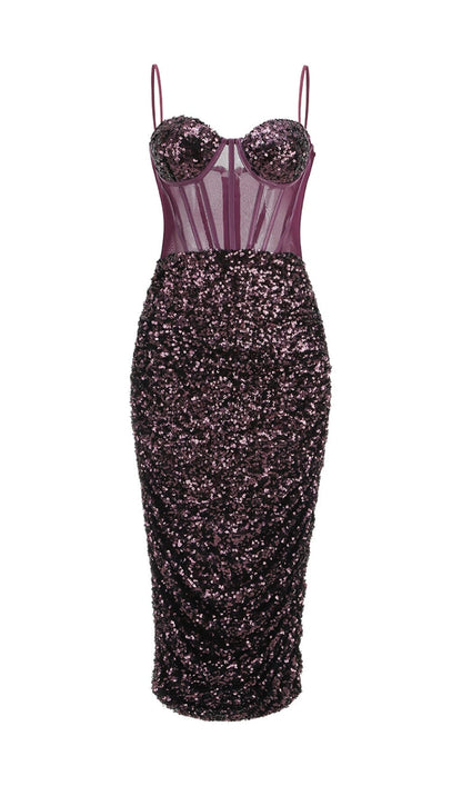 SEQUIN CORSET MIDI DRESS IN WINE styleofcb 