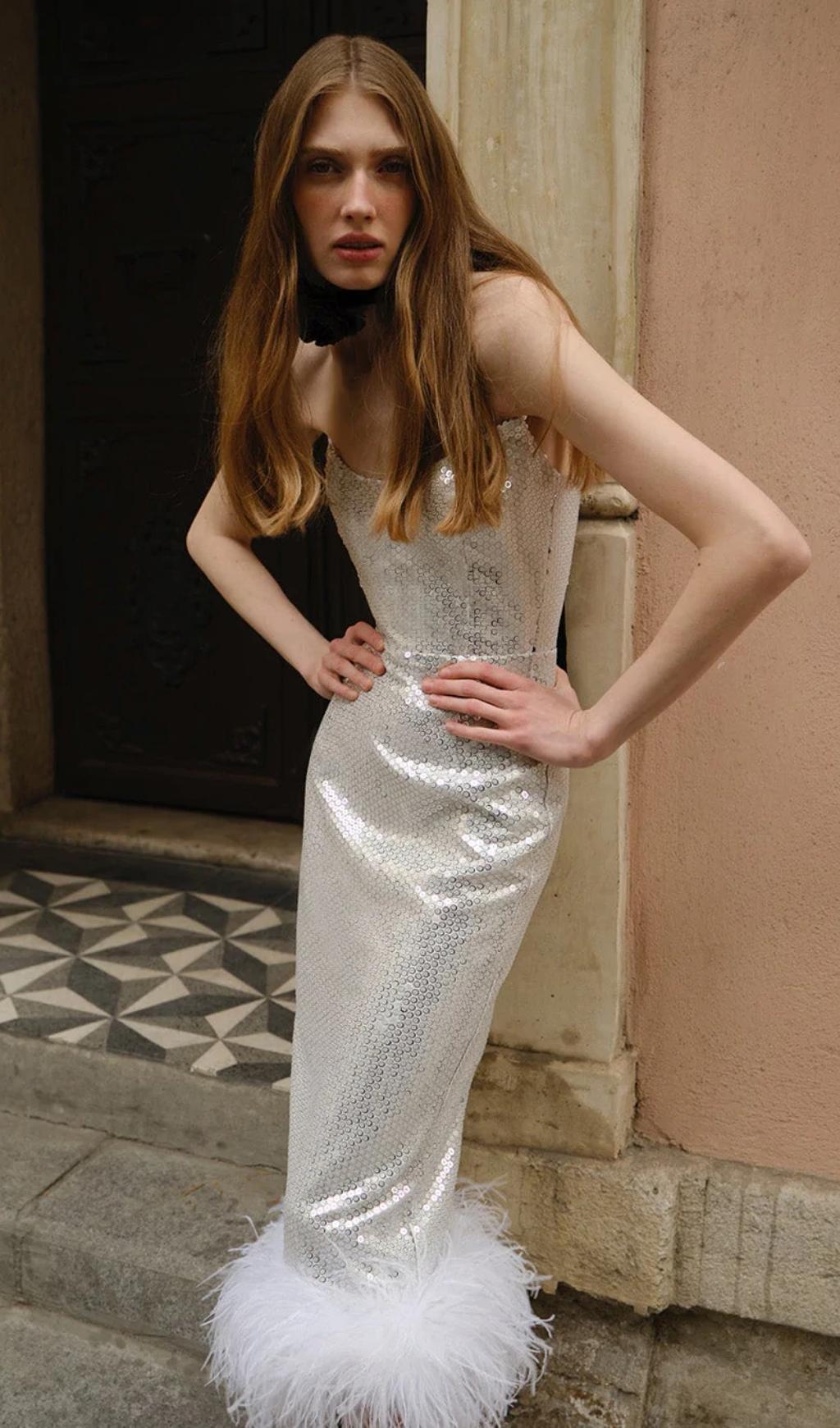 SEQUIN FEATHER MIDI DRESS IN WHITE styleofcb 