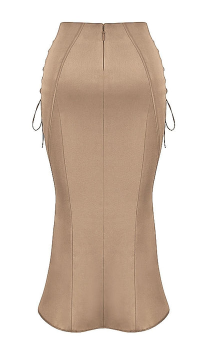 SATIN TWO PIECE MIDI DRESS IN BROWN