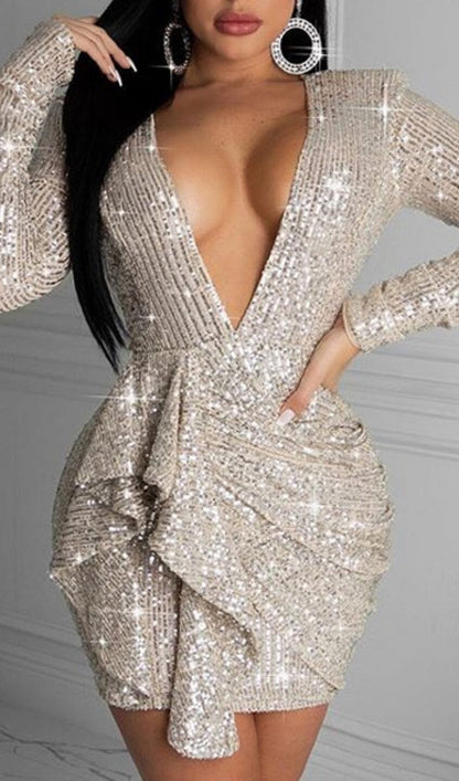 SEQUIN DEEP V-NECK PLEATED BOTTOM MINI DRESS IN SILVER styleofcb 