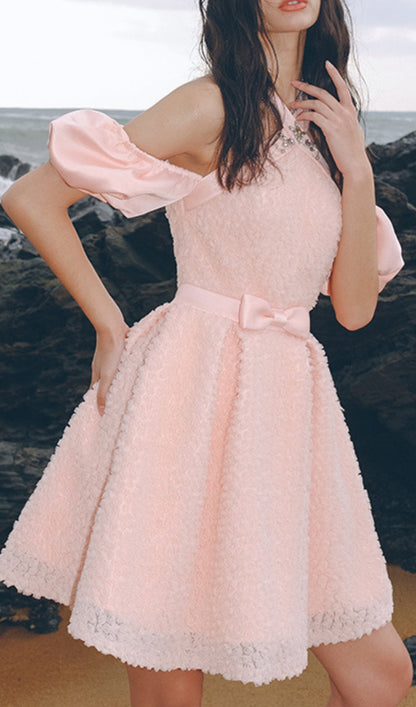 PINK HALTER NECK OFF SHOULDER MINI DRESS