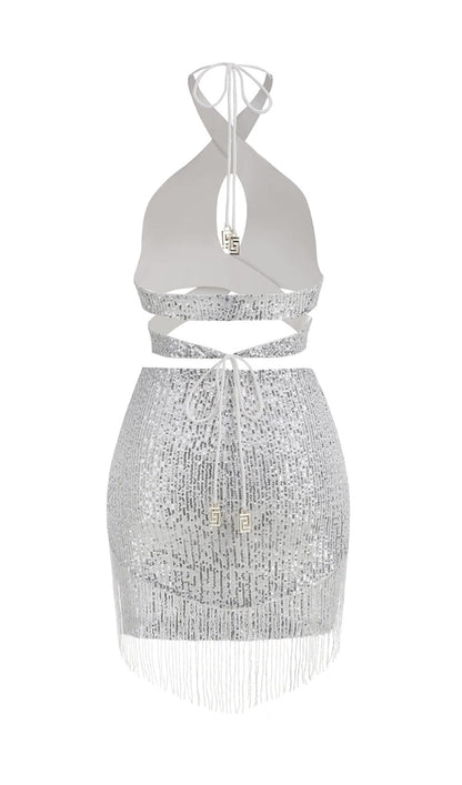 SEQUIN TASSEL BACKLESS MINI DRESS IN SILVER styleofcb 