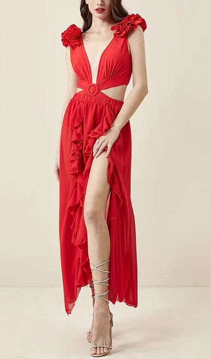 DEEP V RED CUTOUT ONE PIECE SWIMSUIT AND SKIRT styleofcb 