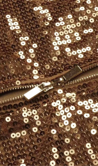 SEQUINED PLUSH SLIM FIT DRESS IN BROWN styleofcb 
