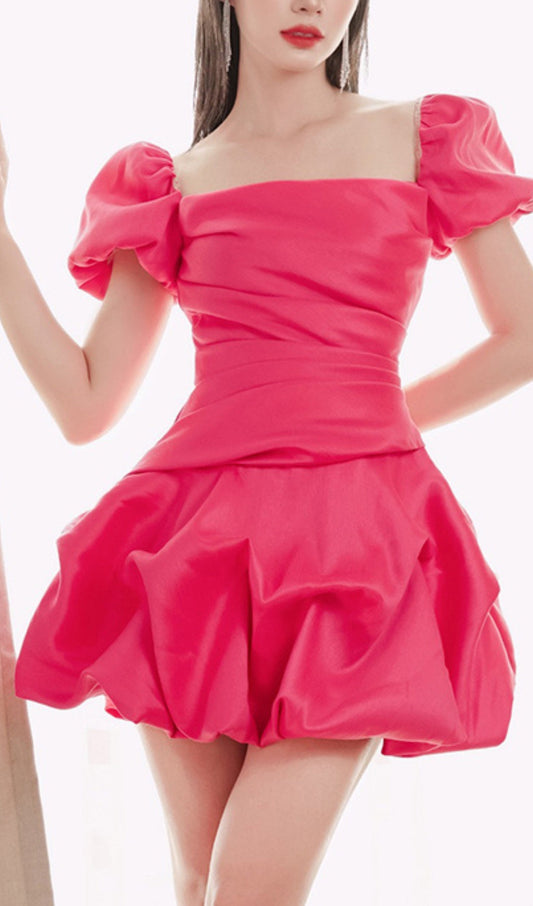 PUFF SLEEVE MINI DRESS IN ROSE RED