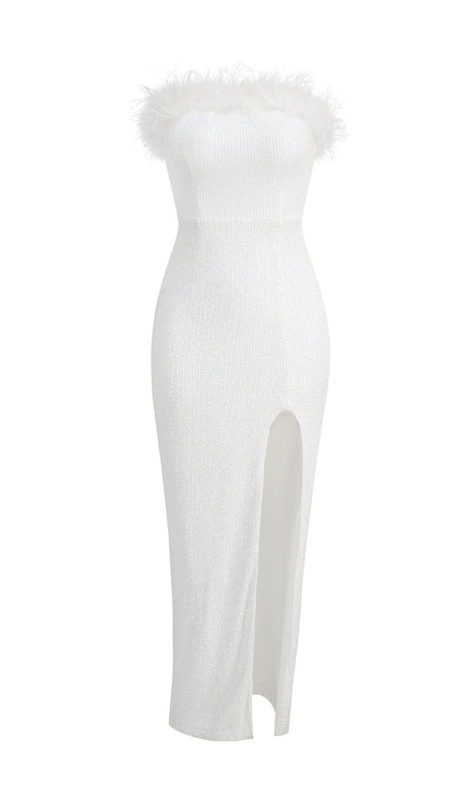 OSTRICH HAIR DECORATIVE BANDEAU MAXIC DRESS IN WHITE styleofcb 
