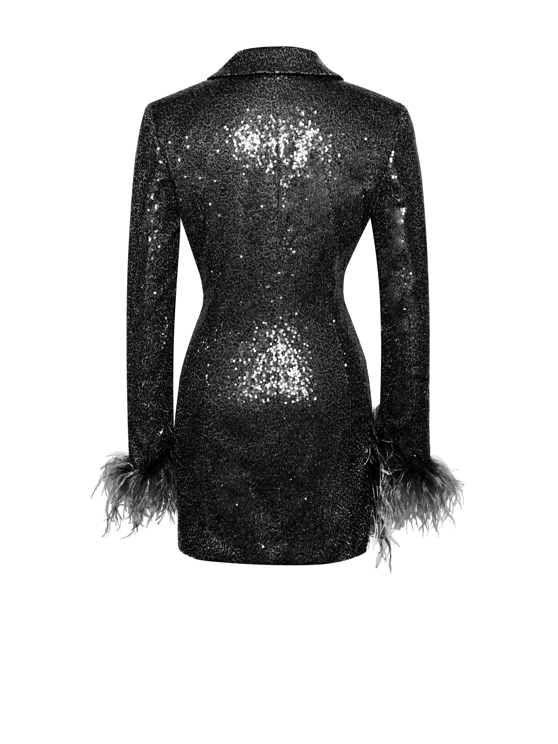 BLACK SEQUIN FEATHER TRIM BLAZER DRESS Dresses styleofcb 