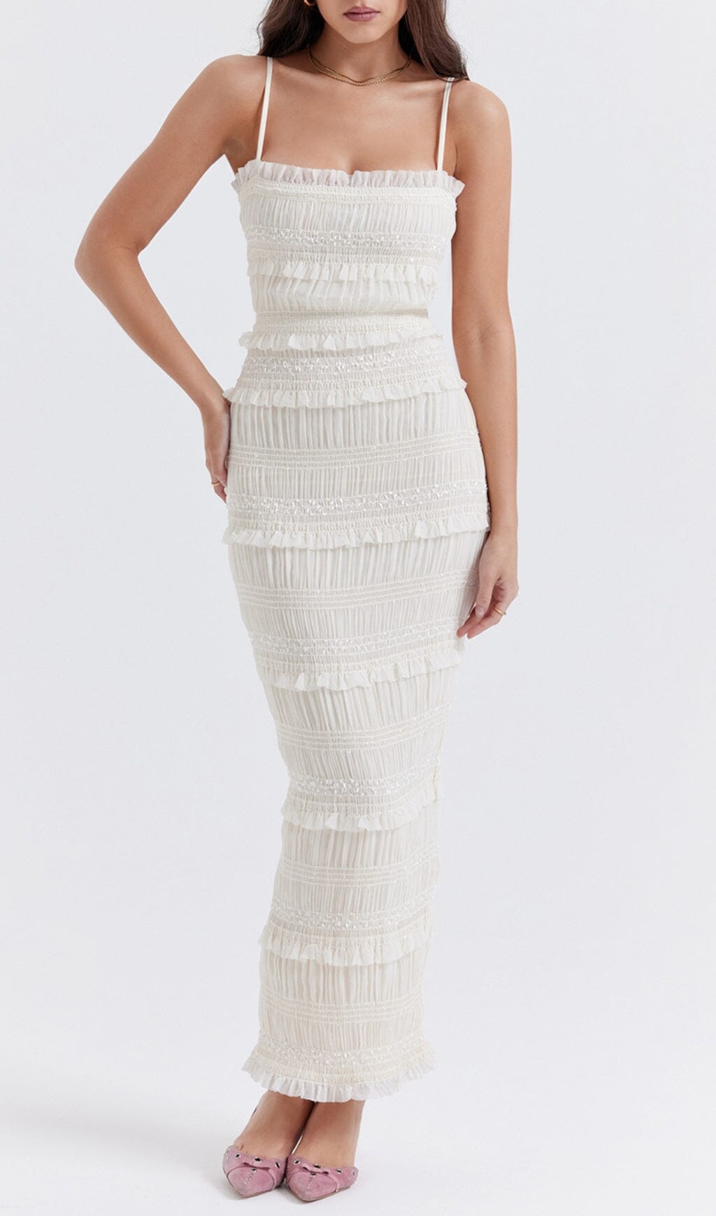 IVORY SEQUIN PLEAT MAXI DRESS styleofcb 