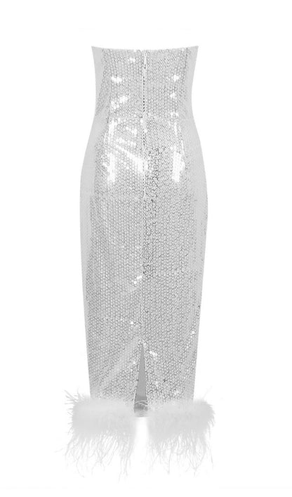 SEQUIN FEATHER MIDI DRESS IN WHITE styleofcb 