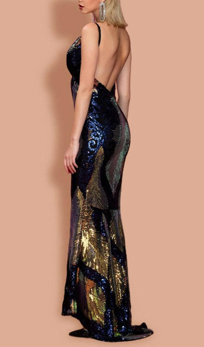 V-NECK SEQUINED BACKLESS DRESS IN DARK BLUE styleofcb 