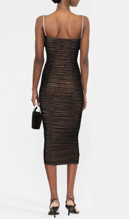 BOW MESH STRAPPY MIDI DRESS IN BLACK
