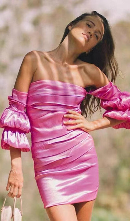 SATIN BARDOT MINI DRESS IN HOT PINK