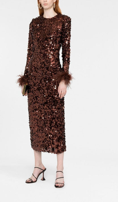 SEQUIN FEATHER LONG SLEEVES MIDI DRESS styleofcb 