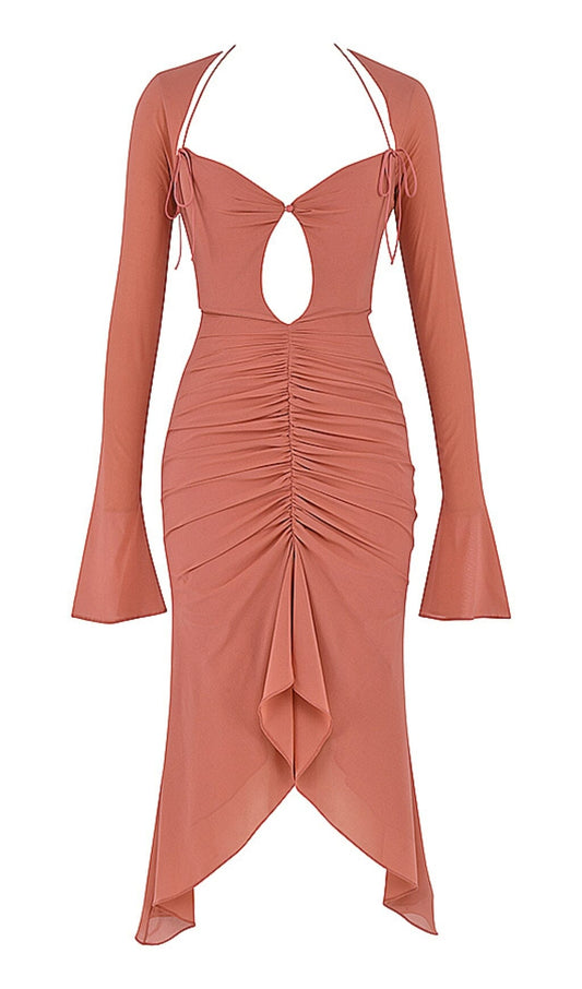 REAL SILK RUFFLE MIDI DRESS IN PINK DREESES styleofcb 