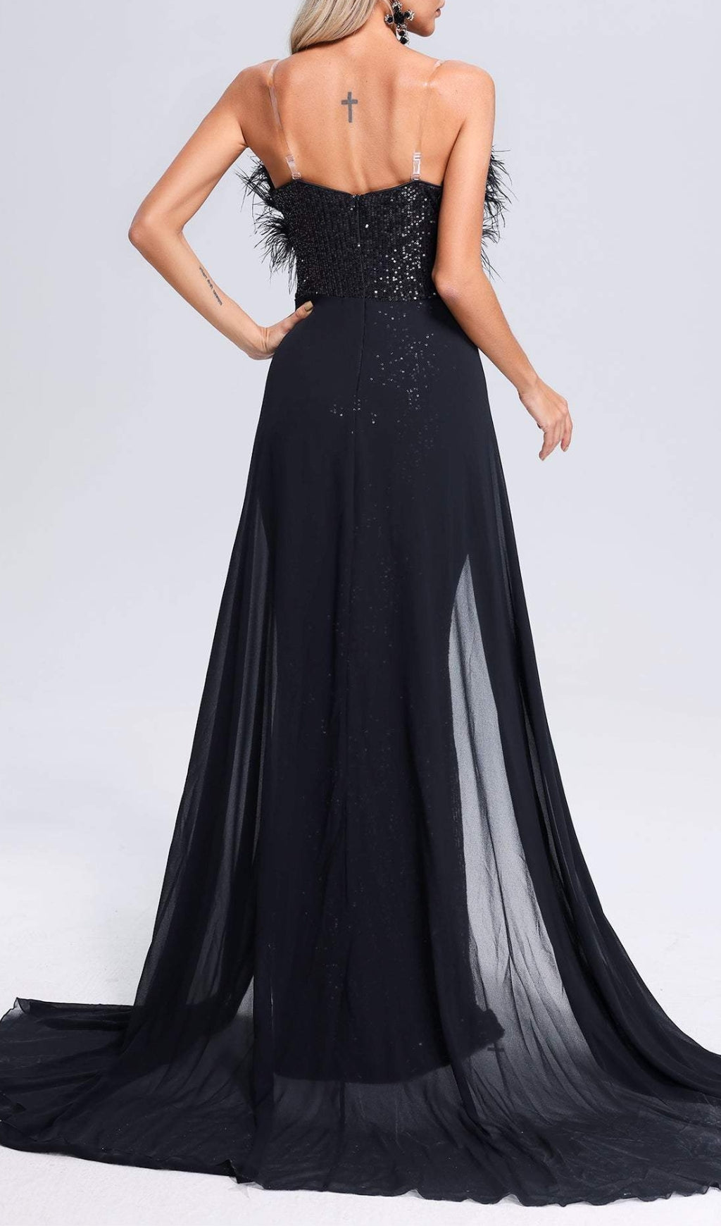 BLACK FEATHER SEQUIN MAXI DRESS