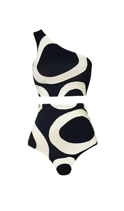 ONE SHOULDER PRINT SPLIT BIKINI SWIMSUIT AND SARONG styleofcb SWIMSUIT S 