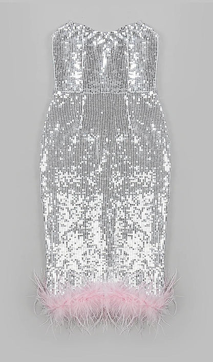 STRAPLESS SEQUIN FEATHER MIDI DRESS IN SILVER Dresses styleofcb 