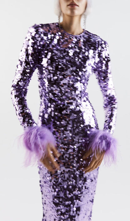 SEQUIN FEATHER LONG SLEEVES MIDI DRESS styleofcb 