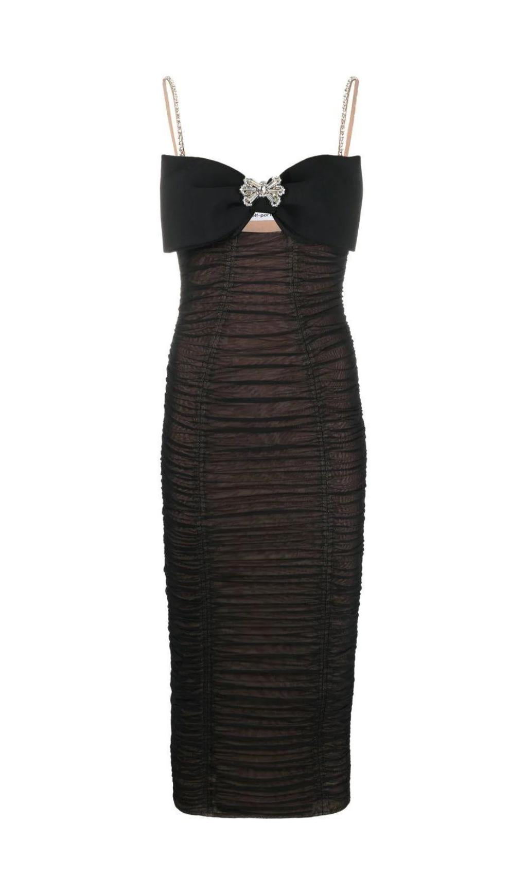 BOW MESH STRAPPY MIDI DRESS IN BLACK