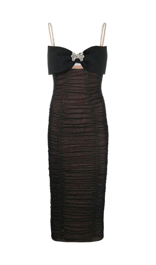 BOW MESH STRAPPY MIDI DRESS IN BLACK
